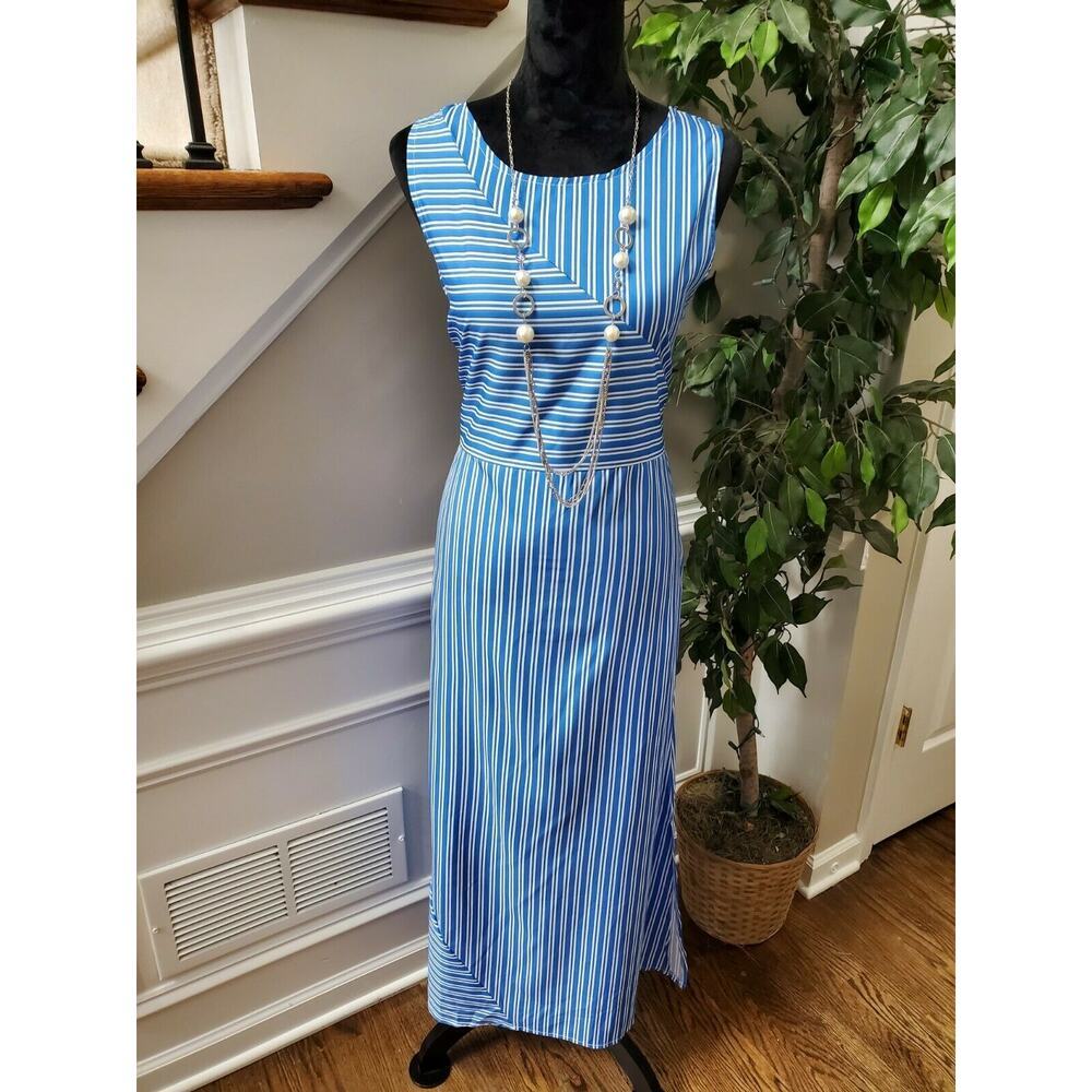 Misslook Women's Blue Cotton & Polyester Round Neck Sleeveless Long Maxi Dress M